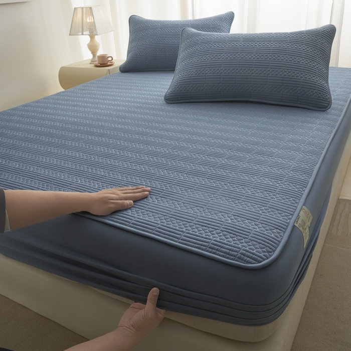 91家纺网 家纺一手货源 找家纺 芬晴家纺 2025新款A类全棉夹棉大豆床笠-派对 派对-雾蓝