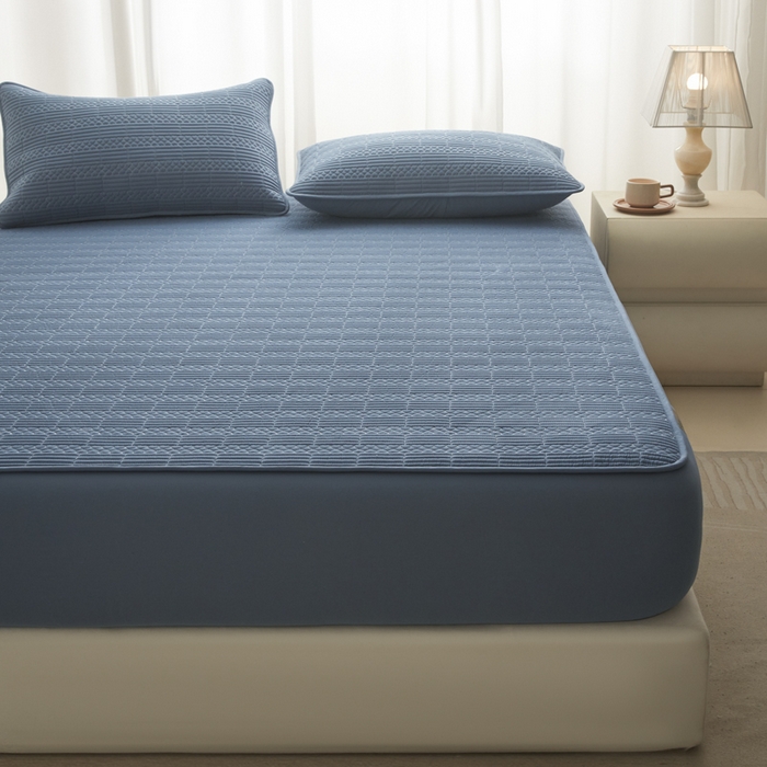 91家纺网 家纺一手货源 找家纺 芬晴家纺 2025新款A类全棉夹棉大豆床笠-派对 派对-雾蓝