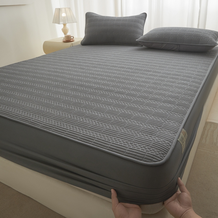 91家纺网 家纺一手货源 找家纺 芬晴家纺 2025新款A类全棉夹棉大豆床笠-派对 派对-岩灰