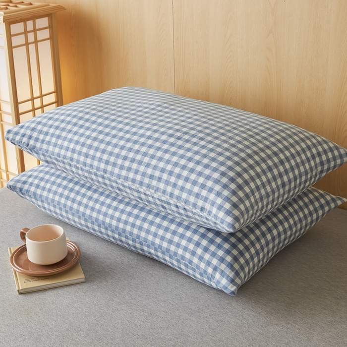 91家纺网 家纺一手货源 找家纺 芬晴家纺 2025新款A类全棉色织防水枕套系列 防水-蓝小格