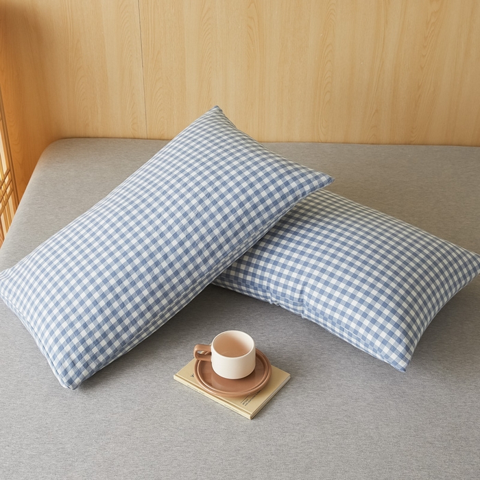 91家纺网 家纺一手货源 找家纺 芬晴家纺 2025新款A类全棉色织防水枕套系列 防水-蓝小格