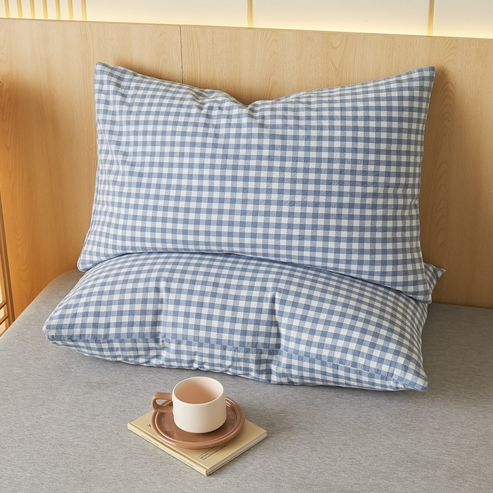 91家纺网 家纺一手货源 找家纺 芬晴家纺 2025新款A类全棉色织防水枕套系列 防水-蓝小格