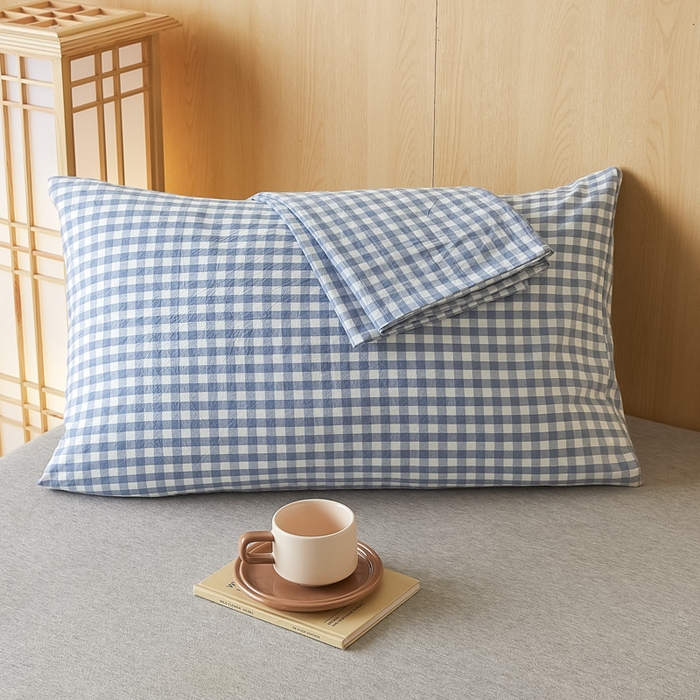 91家纺网 家纺一手货源 找家纺 芬晴家纺 2025新款A类全棉色织防水枕套系列 防水-蓝小格