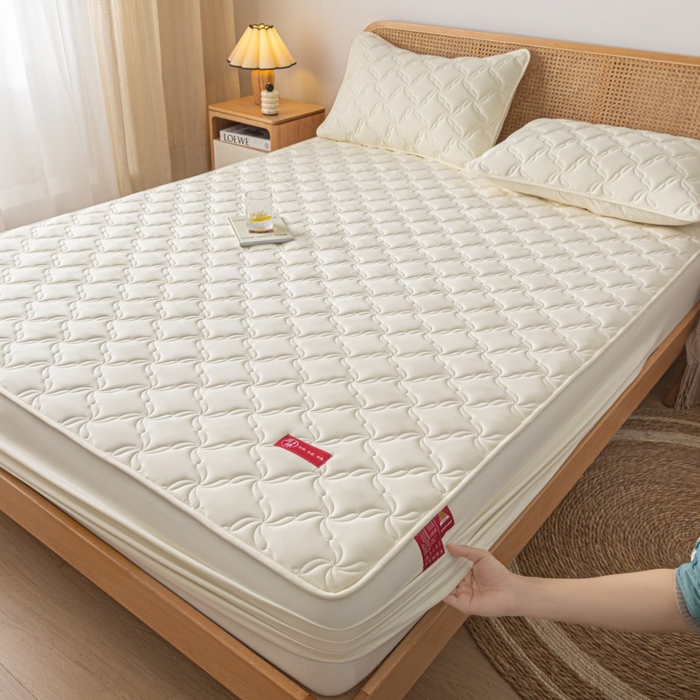 91家纺网 家纺一手货源 找家纺 芬晴家纺 2025新款母婴级大豆防水床笠-马丁-风车 风车-米白