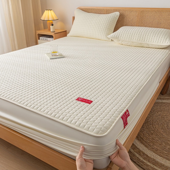 91家纺网 家纺一手货源 找家纺 芬晴家纺 2025新款母婴级大豆防水床笠-马丁-风车 马丁-米白