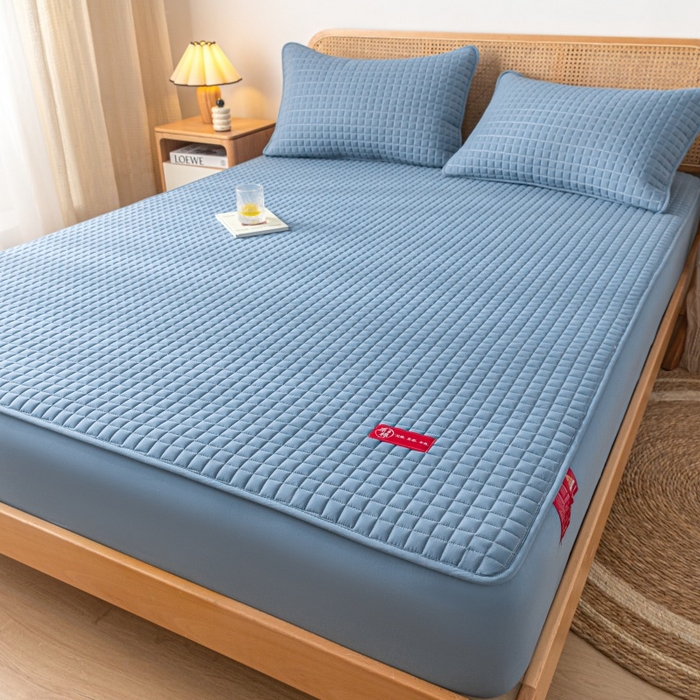 91家纺网 家纺一手货源 找家纺 芬晴家纺 2025新款母婴级大豆防水床笠-马丁-风车 马丁-雾蓝