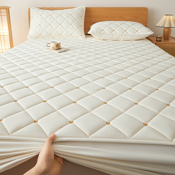 91家纺网 家纺一手货源 找家纺 芬晴家纺 2025新款A类母婴级大豆防水夹棉床笠-简爱-空间 简爱-米白