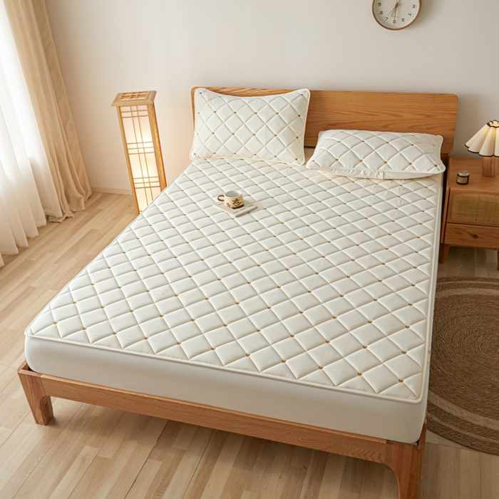 91家纺网 家纺一手货源 找家纺 芬晴家纺 2025新款A类母婴级大豆防水夹棉床笠-简爱-空间 简爱-米白