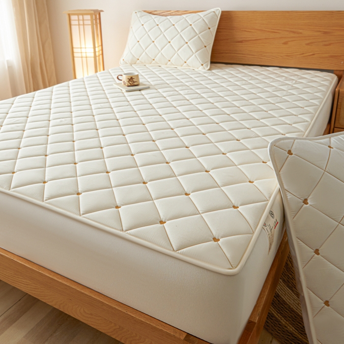 91家纺网 家纺一手货源 找家纺 芬晴家纺 2025新款A类母婴级大豆防水夹棉床笠-简爱-空间 简爱-米白