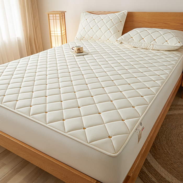 91家纺网 家纺一手货源 找家纺 芬晴家纺 2025新款A类母婴级大豆防水夹棉床笠-简爱-空间 简爱-米白