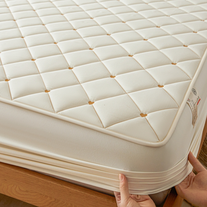 91家纺网 家纺一手货源 找家纺 芬晴家纺 2025新款A类母婴级大豆防水夹棉床笠-简爱-空间 简爱-米白