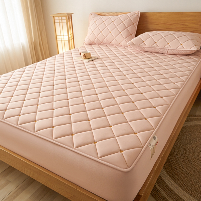 91家纺网 家纺一手货源 找家纺 芬晴家纺 2025新款A类母婴级大豆防水夹棉床笠-简爱-空间 简爱-豆沙粉