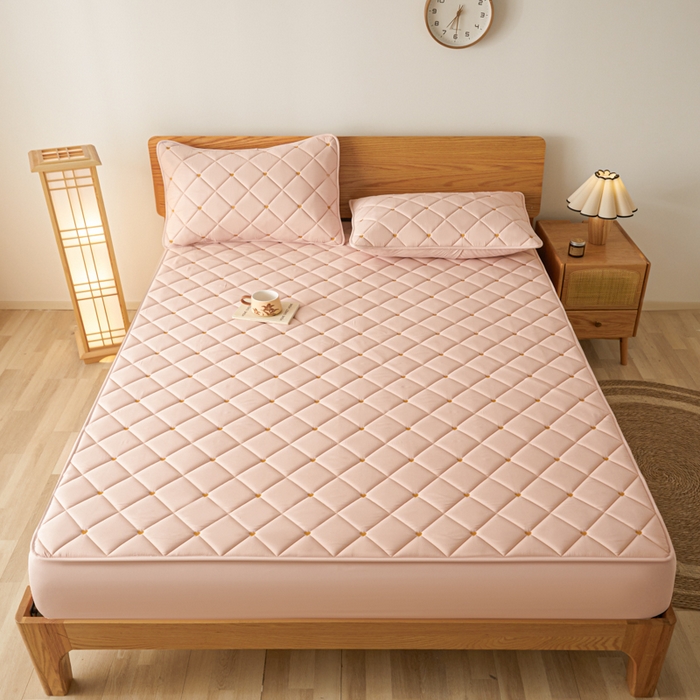 91家纺网 家纺一手货源 找家纺 芬晴家纺 2025新款A类母婴级大豆防水夹棉床笠-简爱-空间 简爱-豆沙粉