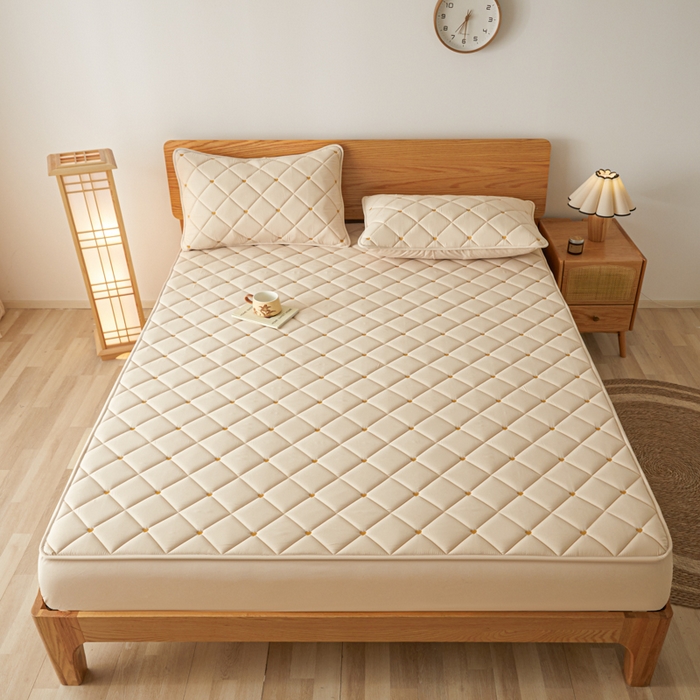 91家纺网 家纺一手货源 找家纺 芬晴家纺 2025新款A类母婴级大豆防水夹棉床笠-简爱-空间 简爱-卡其