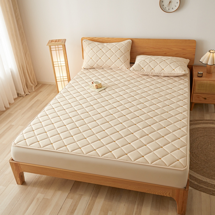 91家纺网 家纺一手货源 找家纺 芬晴家纺 2025新款A类母婴级大豆防水夹棉床笠-简爱-空间 简爱-卡其