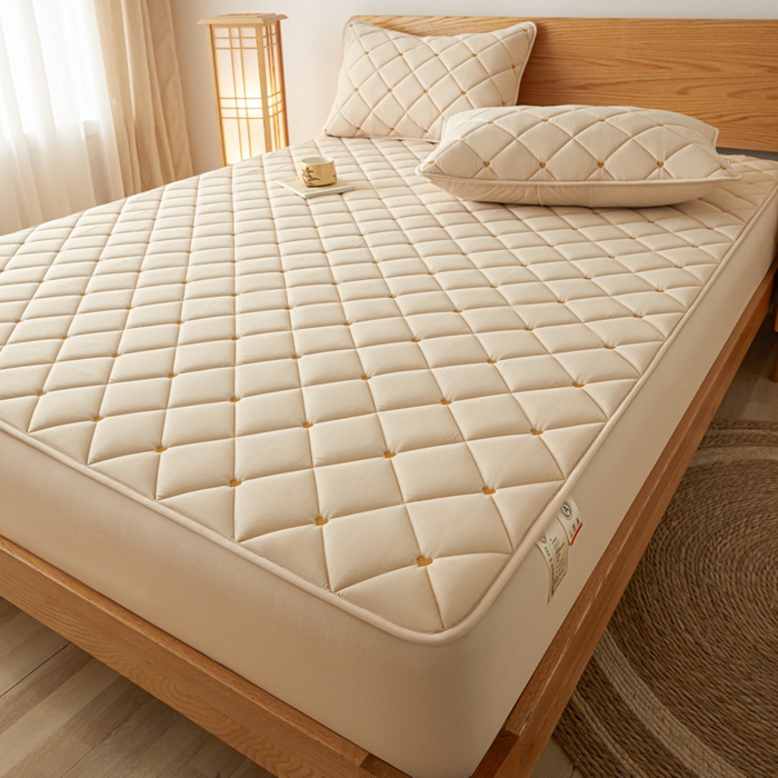 91家纺网 家纺一手货源 找家纺 芬晴家纺 2025新款A类母婴级大豆防水夹棉床笠-简爱-空间 简爱-卡其