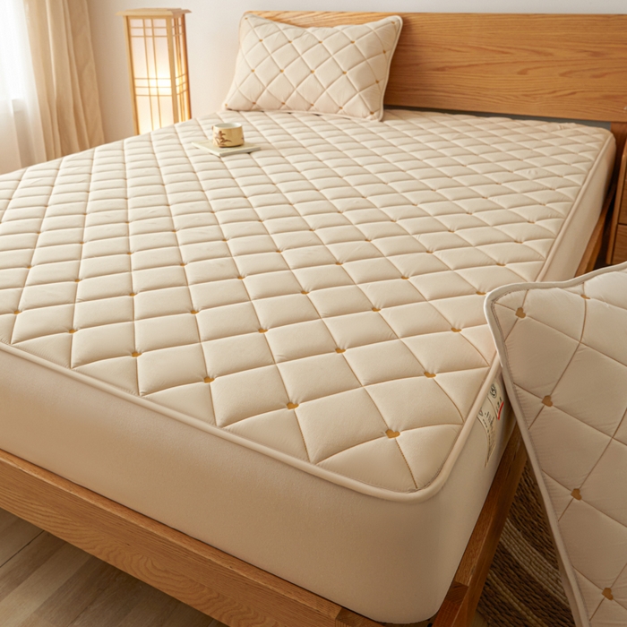 91家纺网 家纺一手货源 找家纺 芬晴家纺 2025新款A类母婴级大豆防水夹棉床笠-简爱-空间 简爱-卡其