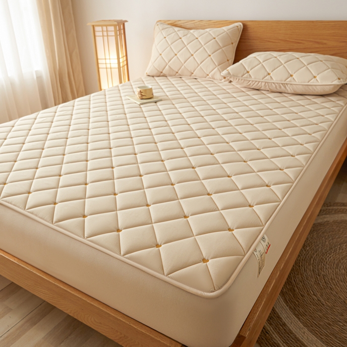 91家纺网 家纺一手货源 找家纺 芬晴家纺 2025新款A类母婴级大豆防水夹棉床笠-简爱-空间 简爱-卡其