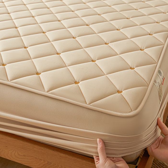 91家纺网 家纺一手货源 找家纺 芬晴家纺 2025新款A类母婴级大豆防水夹棉床笠-简爱-空间 简爱-卡其