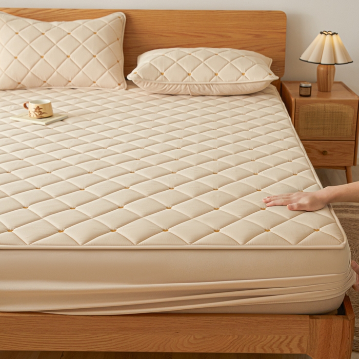 91家纺网 家纺一手货源 找家纺 芬晴家纺 2025新款A类母婴级大豆防水夹棉床笠-简爱-空间 简爱-卡其