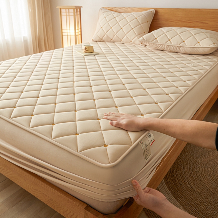 91家纺网 家纺一手货源 找家纺 芬晴家纺 2025新款A类母婴级大豆防水夹棉床笠-简爱-空间 简爱-卡其