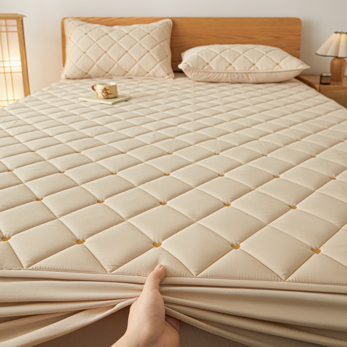 91家纺网 家纺一手货源 找家纺 芬晴家纺 2025新款A类母婴级大豆防水夹棉床笠-简爱-空间 简爱-卡其