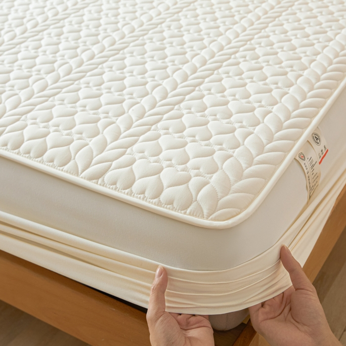 芬晴家纺 2025新款A类母婴级大豆防水夹棉床笠系列-约定-心动-繁花 约定-米白