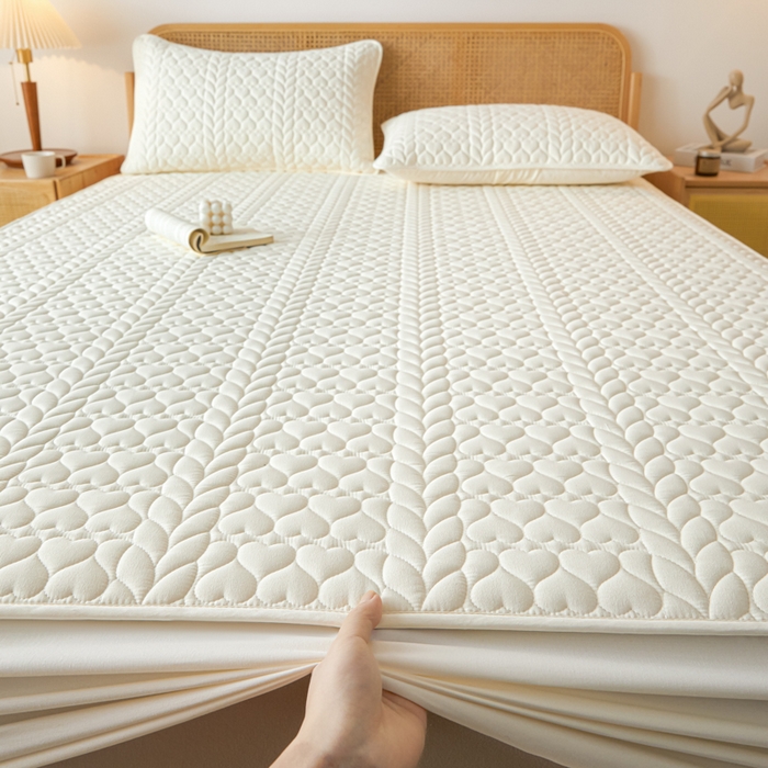 91家纺网 家纺一手货源 找家纺 芬晴家纺 2025新款A类母婴级大豆防水夹棉床笠系列-约定-心动-繁花 约定-米白