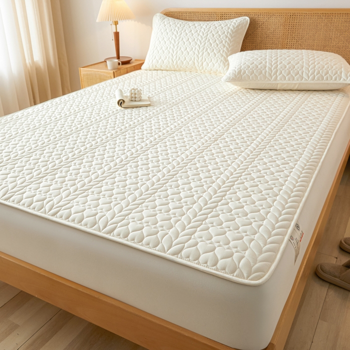 91家纺网 家纺一手货源 找家纺 芬晴家纺 2025新款A类母婴级大豆防水夹棉床笠系列-约定-心动-繁花 约定-米白