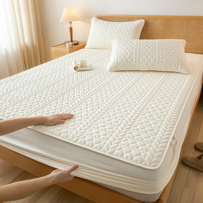 91家纺网 家纺一手货源 找家纺 芬晴家纺 2025新款A类母婴级大豆防水夹棉床笠系列-约定-心动-繁花 约定-米白