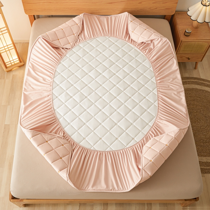 91家纺网 家纺一手货源 找家纺 芬晴家纺 2025新款A类母婴级大豆防水夹棉床笠-简爱-空间 空间-豆沙粉