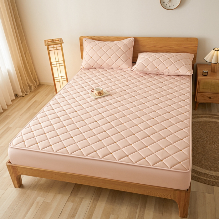 91家纺网 家纺一手货源 找家纺 芬晴家纺 2025新款A类母婴级大豆防水夹棉床笠-简爱-空间 空间-豆沙粉