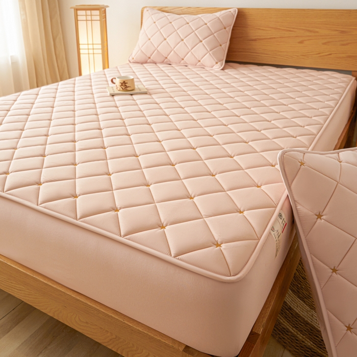 91家纺网 家纺一手货源 找家纺 芬晴家纺 2025新款A类母婴级大豆防水夹棉床笠-简爱-空间 空间-豆沙粉