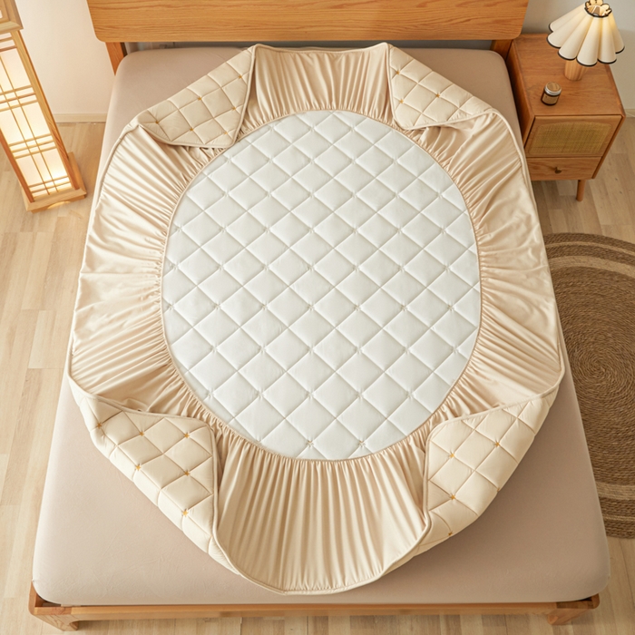 91家纺网 家纺一手货源 找家纺 芬晴家纺 2025新款A类母婴级大豆防水夹棉床笠-简爱-空间 空间-卡其