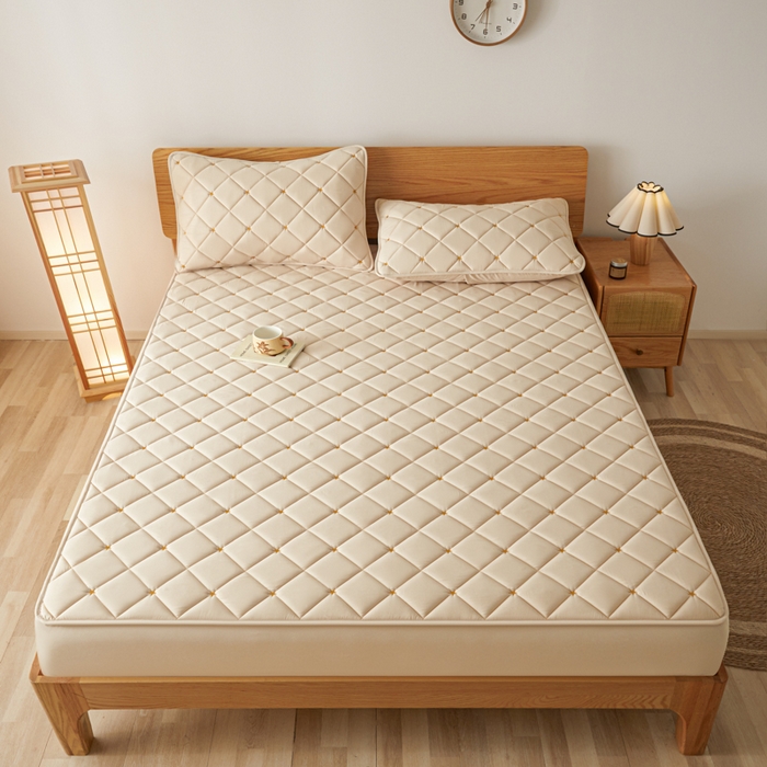 91家纺网 家纺一手货源 找家纺 芬晴家纺 2025新款A类母婴级大豆防水夹棉床笠-简爱-空间 空间-卡其