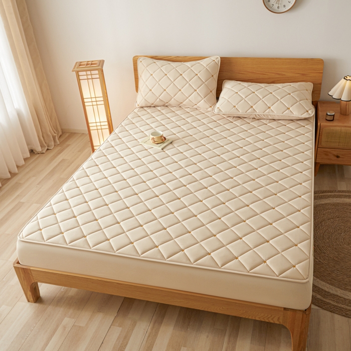 91家纺网 家纺一手货源 找家纺 芬晴家纺 2025新款A类母婴级大豆防水夹棉床笠-简爱-空间 空间-卡其