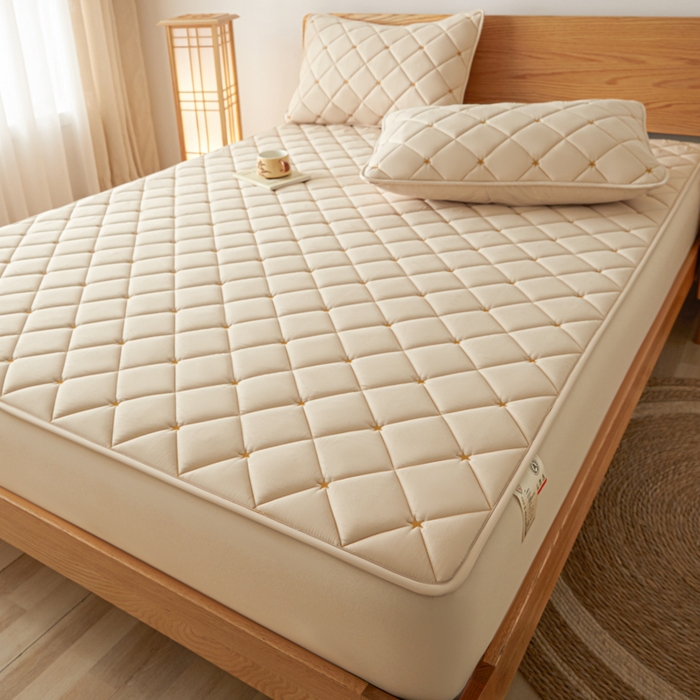 91家纺网 家纺一手货源 找家纺 芬晴家纺 2025新款A类母婴级大豆防水夹棉床笠-简爱-空间 空间-卡其