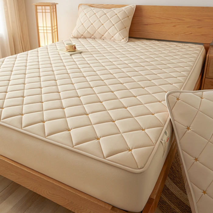 91家纺网 家纺一手货源 找家纺 芬晴家纺 2025新款A类母婴级大豆防水夹棉床笠-简爱-空间 空间-卡其