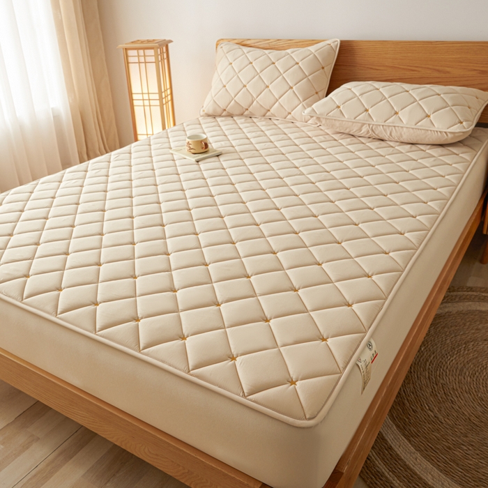 91家纺网 家纺一手货源 找家纺 芬晴家纺 2025新款A类母婴级大豆防水夹棉床笠-简爱-空间 空间-卡其