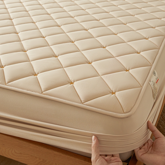 91家纺网 家纺一手货源 找家纺 芬晴家纺 2025新款A类母婴级大豆防水夹棉床笠-简爱-空间 空间-卡其