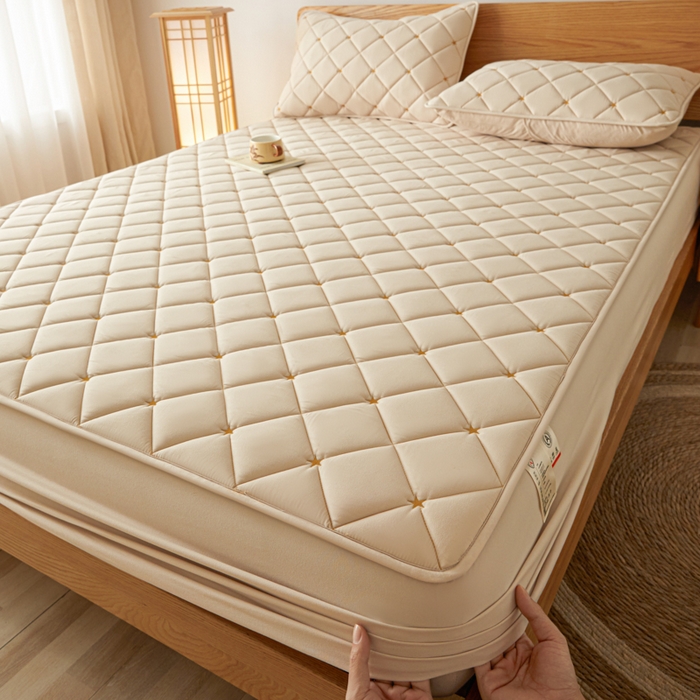 91家纺网 家纺一手货源 找家纺 芬晴家纺 2025新款A类母婴级大豆防水夹棉床笠-简爱-空间 空间-卡其