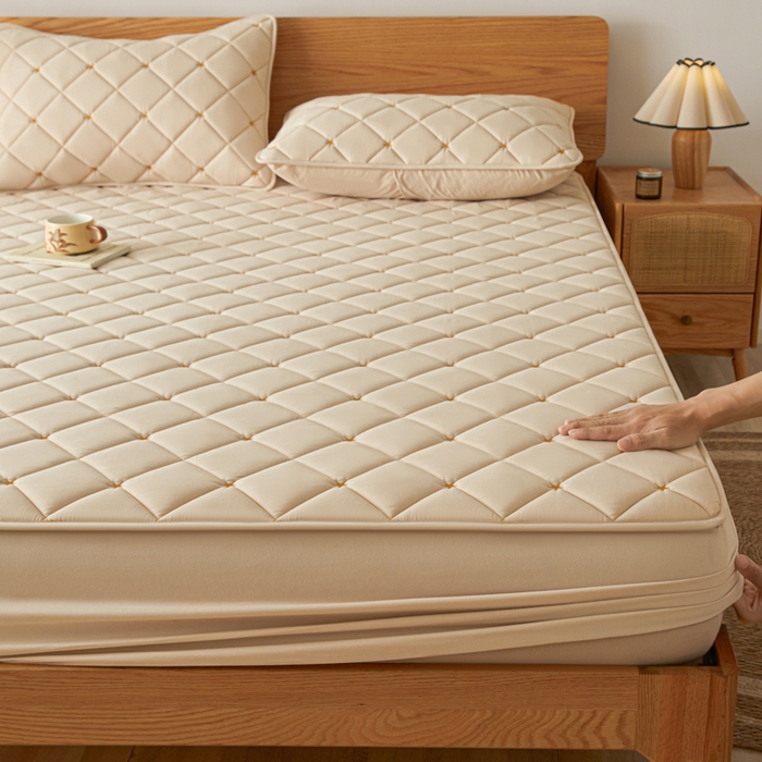 91家纺网 家纺一手货源 找家纺 芬晴家纺 2025新款A类母婴级大豆防水夹棉床笠-简爱-空间 空间-卡其