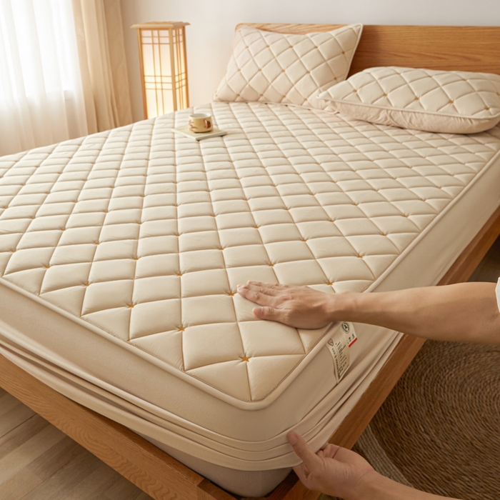 91家纺网 家纺一手货源 找家纺 芬晴家纺 2025新款A类母婴级大豆防水夹棉床笠-简爱-空间 空间-卡其