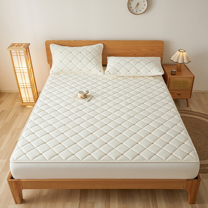 91家纺网 家纺一手货源 找家纺 芬晴家纺 2025新款A类母婴级大豆防水夹棉床笠-简爱-空间 空间-米白