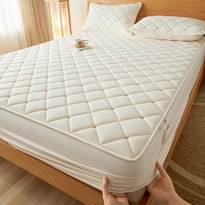 91家纺网 家纺一手货源 找家纺 芬晴家纺 2025新款A类母婴级大豆防水夹棉床笠-简爱-空间 空间-米白