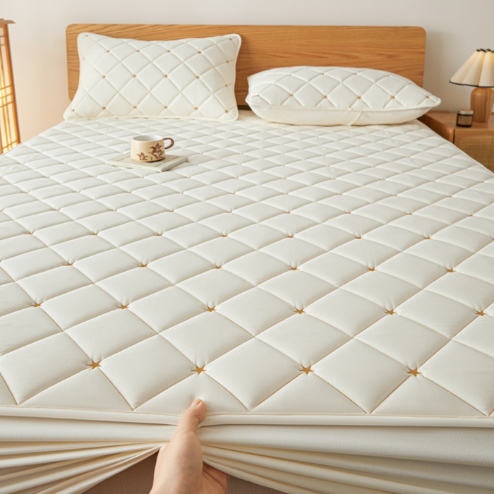 91家纺网 家纺一手货源 找家纺 芬晴家纺 2025新款A类母婴级大豆防水夹棉床笠-简爱-空间 空间-米白