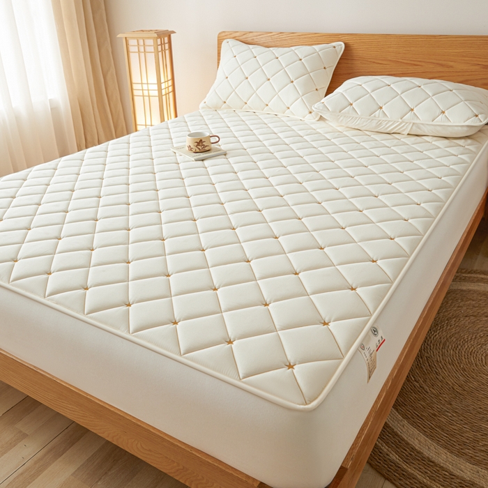 91家纺网 家纺一手货源 找家纺 芬晴家纺 2025新款A类母婴级大豆防水夹棉床笠-简爱-空间 空间-米白