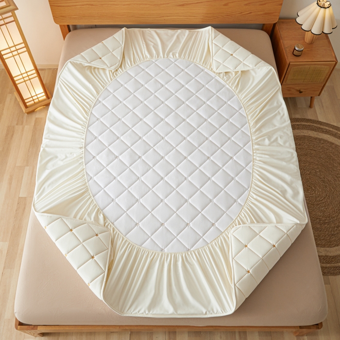 91家纺网 家纺一手货源 找家纺 芬晴家纺 2025新款A类母婴级大豆防水夹棉床笠-简爱-空间 空间-米白