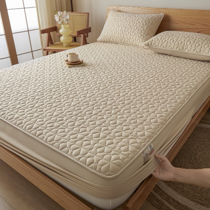 91家纺网 家纺一手货源 找家纺 芬晴家纺 2025新款A类母婴级大豆防水夹棉床笠系列-约定-心动-繁花 繁花-卡其