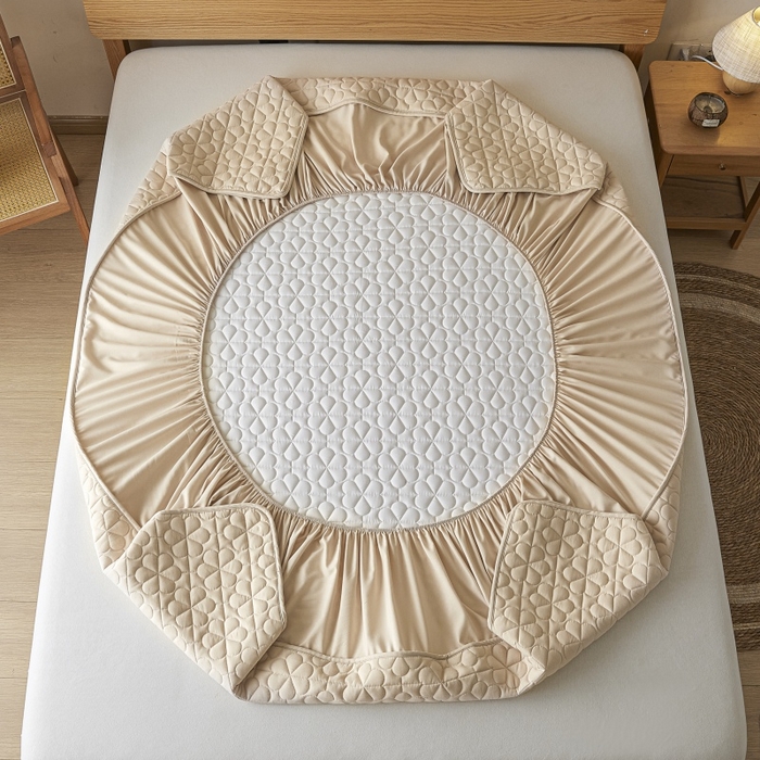 91家纺网 家纺一手货源 找家纺 芬晴家纺 2025新款A类母婴级大豆防水夹棉床笠系列-约定-心动-繁花 繁花-卡其